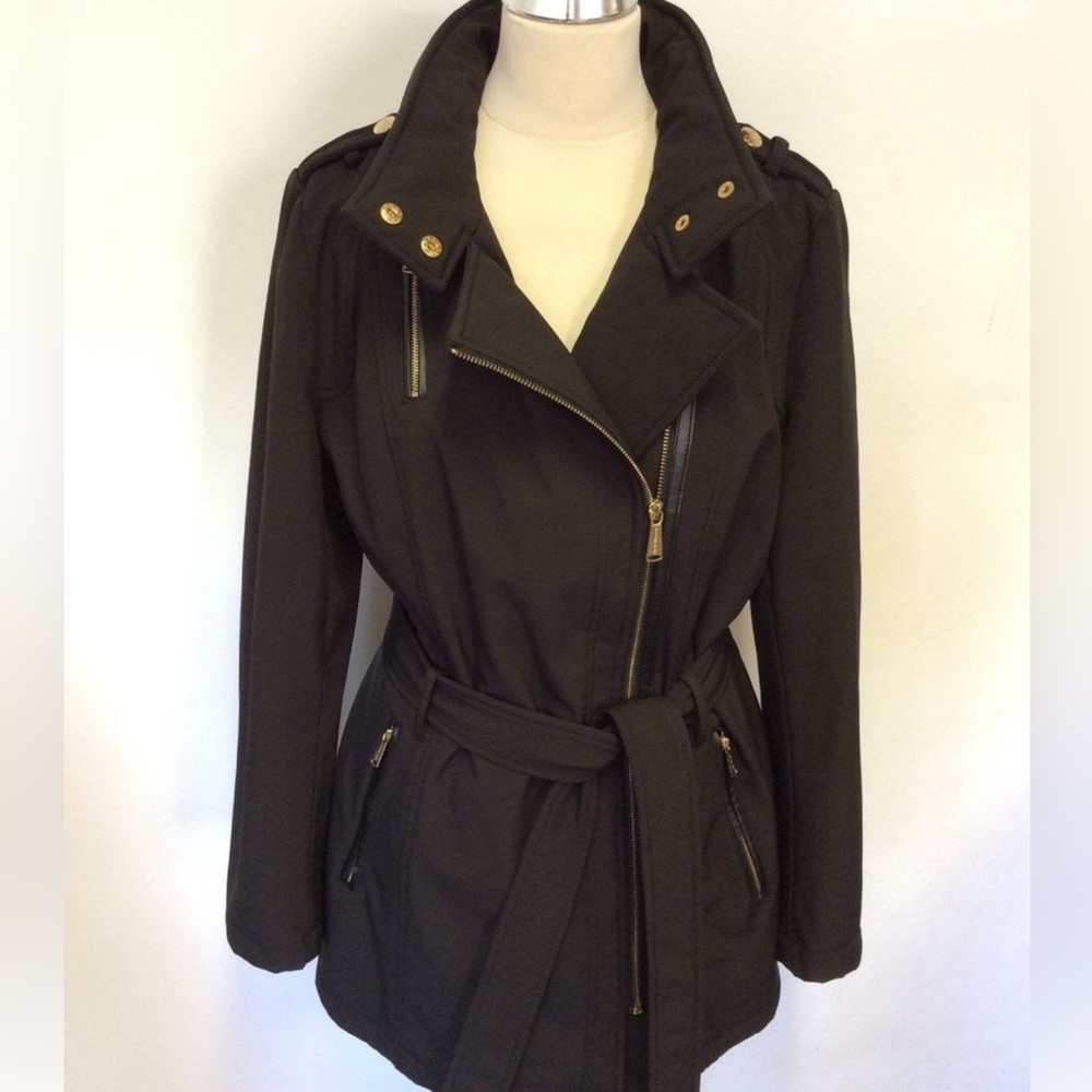 Michael Kors Black Belted Trench Coat‎ Asymmetrical Zip Gold Hardware Small